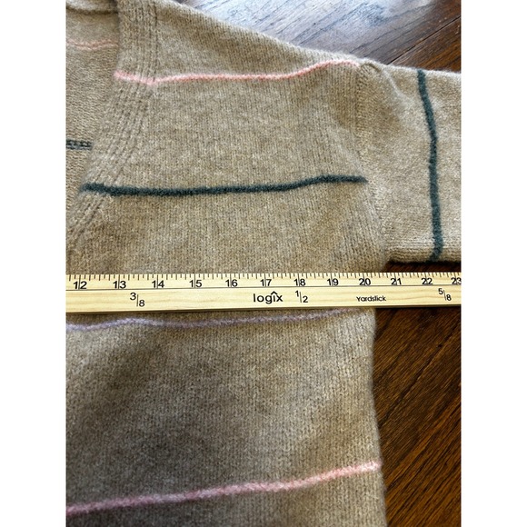 Self Contrast Striped V-Neck Cardigan Sweater Tan Multi Large Balloon Sleeve - Picture 4 of 7